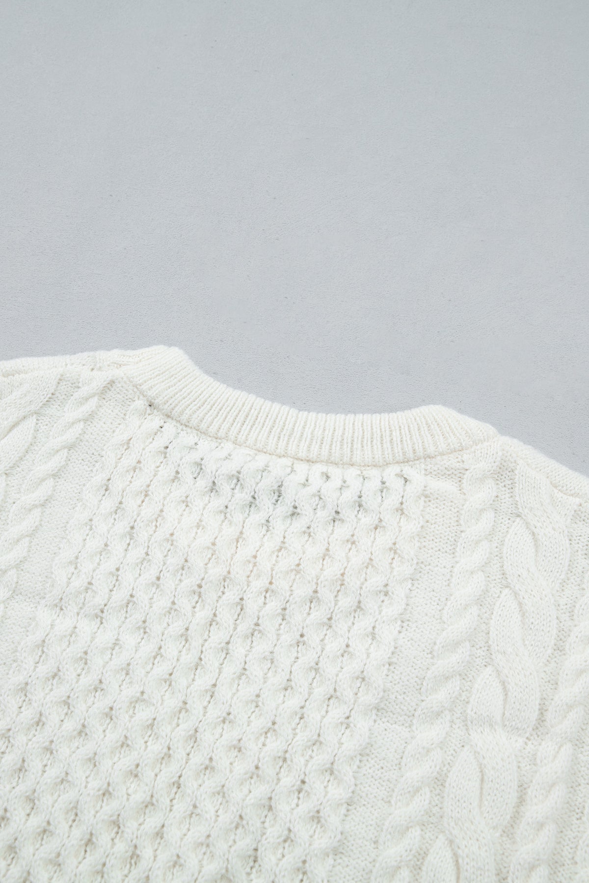 Beige Solid Color Cable Detail Knit Loose Round Neck Sweater
