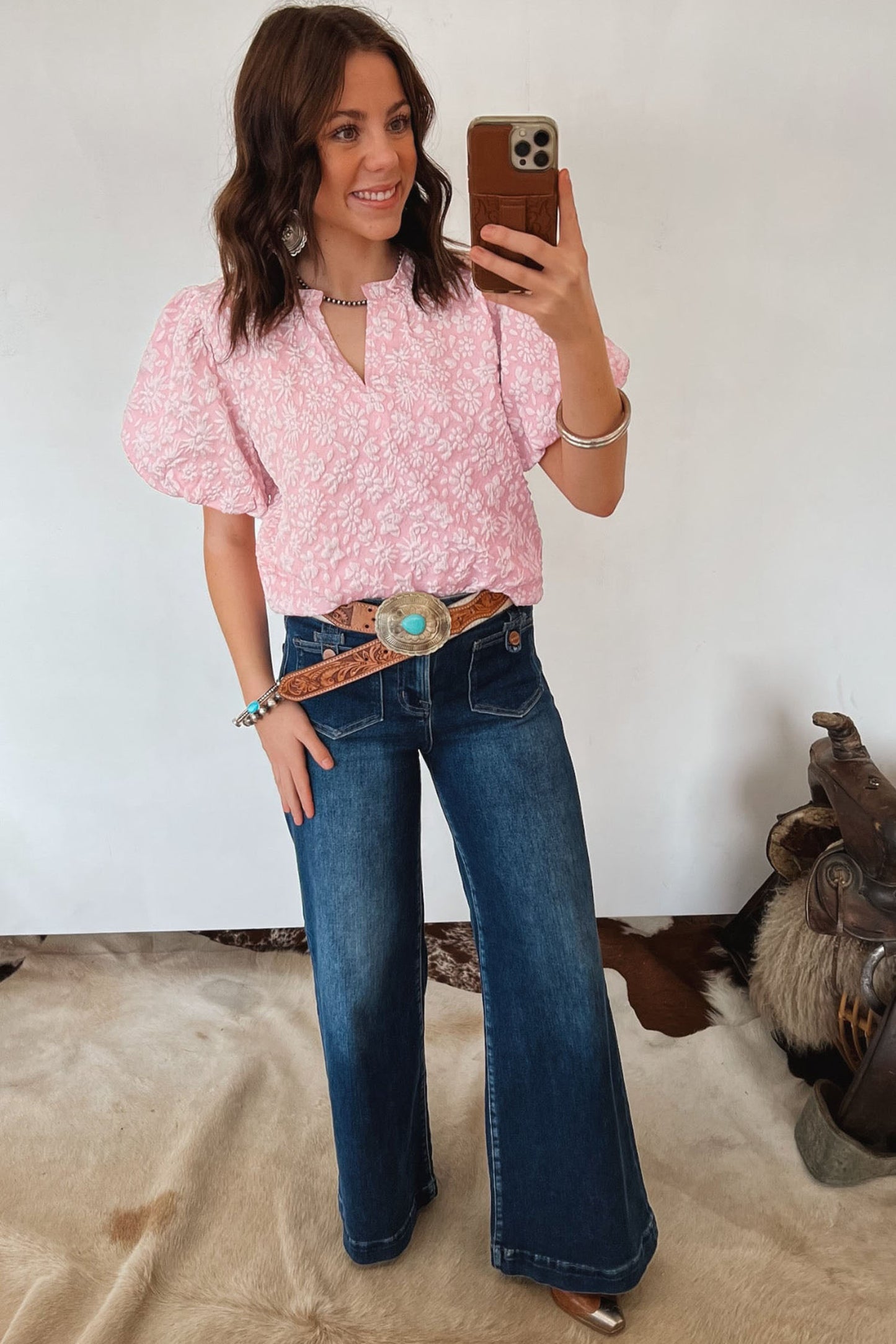 Floral Jacquard Western Blouse Puff Sleeve Top