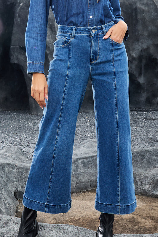 Dark Blue Plain Seam Detail Flared Bottom Ankle Length Jeans