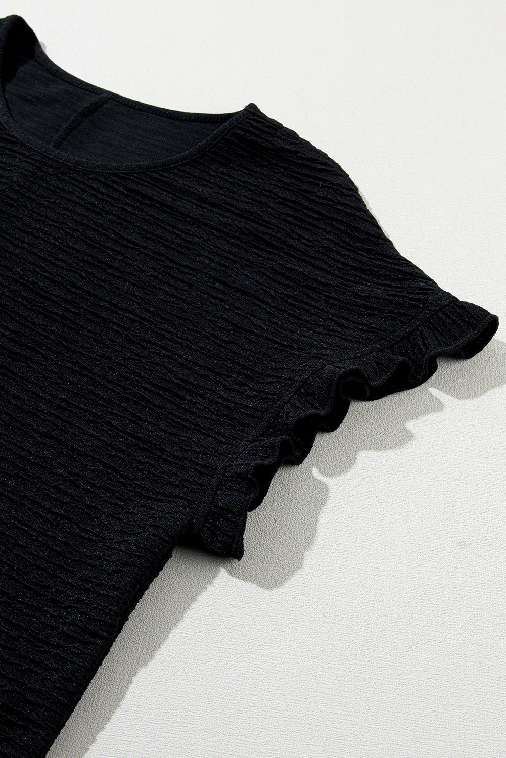 Solid Textured Ruffled Short Sleeve Blouse