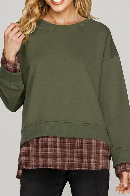 Moss Green Vintage Plaid Patchwork Drop Shoulder Sweatshirt