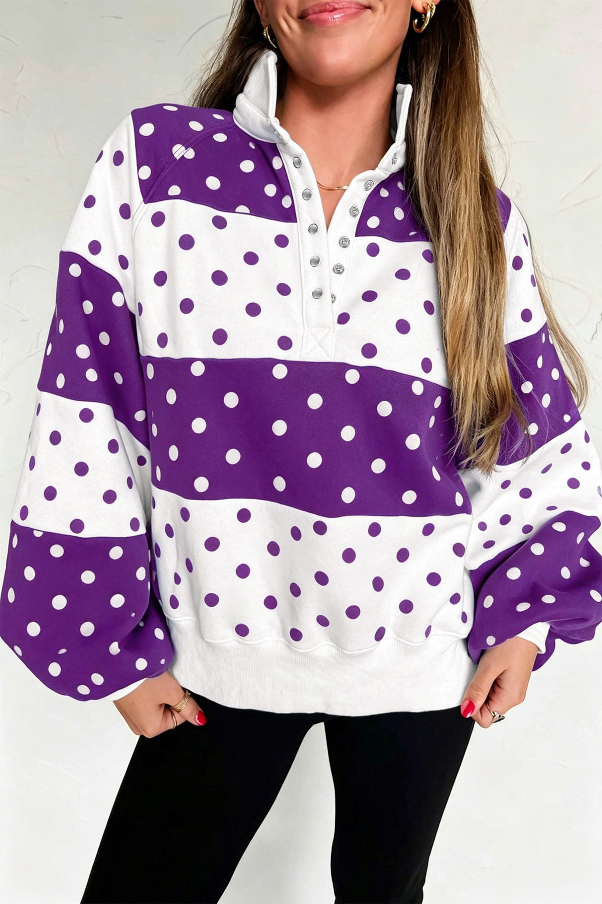 Blue Polka Dot Colorblock Half Zip Puff Sleeve Pullover Sweatshirt