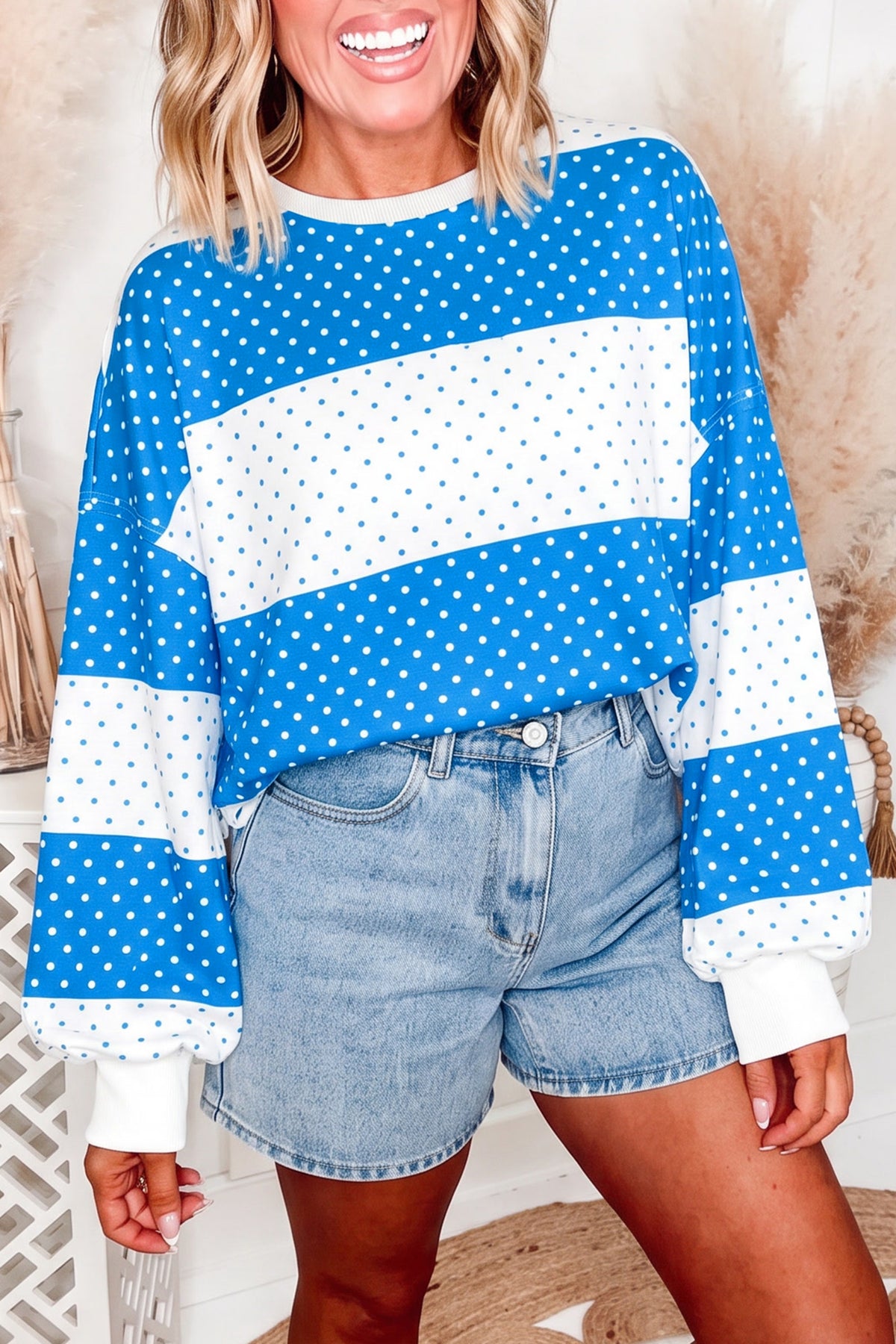 Blue Polka Dot Patchwork Colorblock Long Sleeve Top