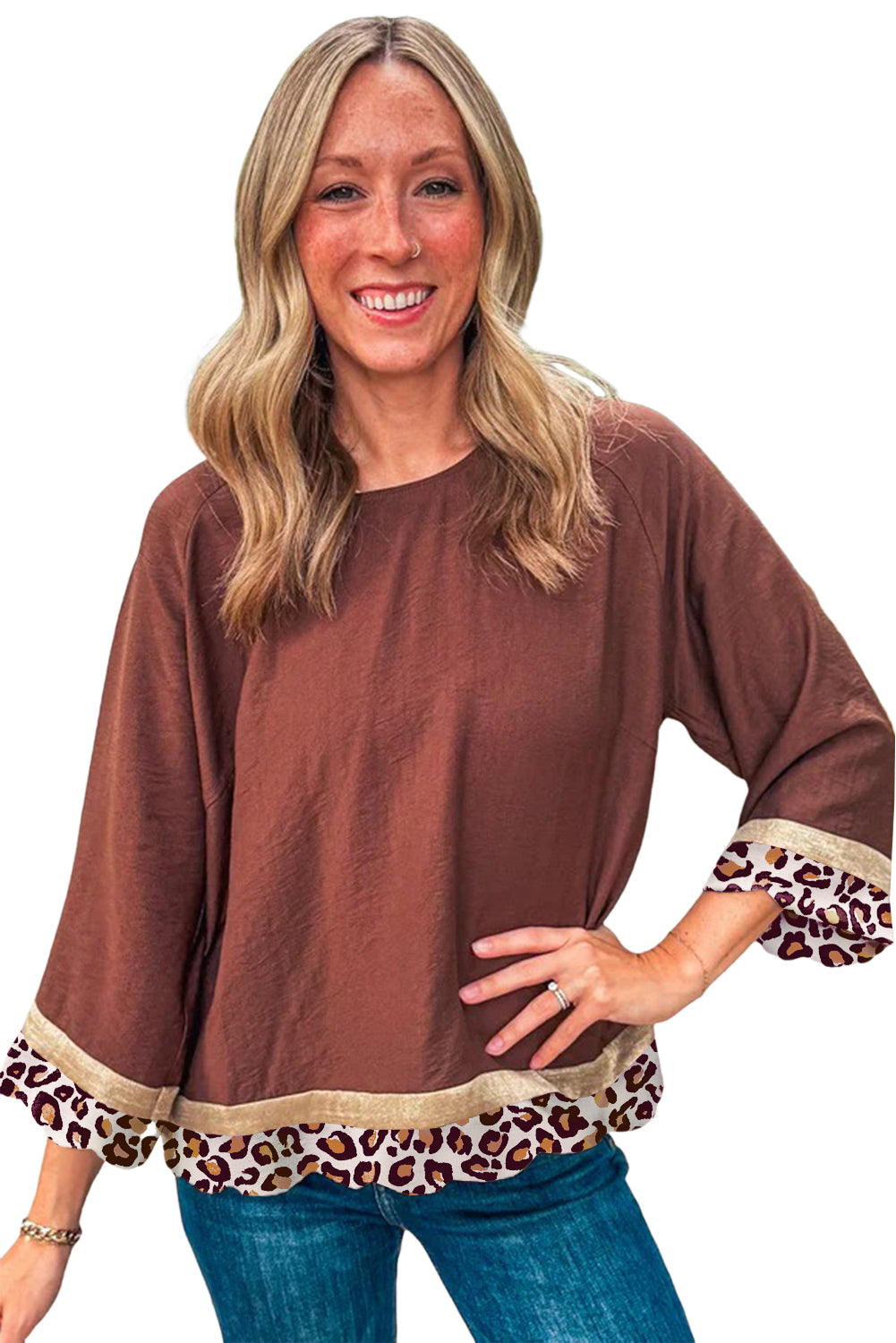 Clay Leopard Detail Loose Bracelet Sleeve Top