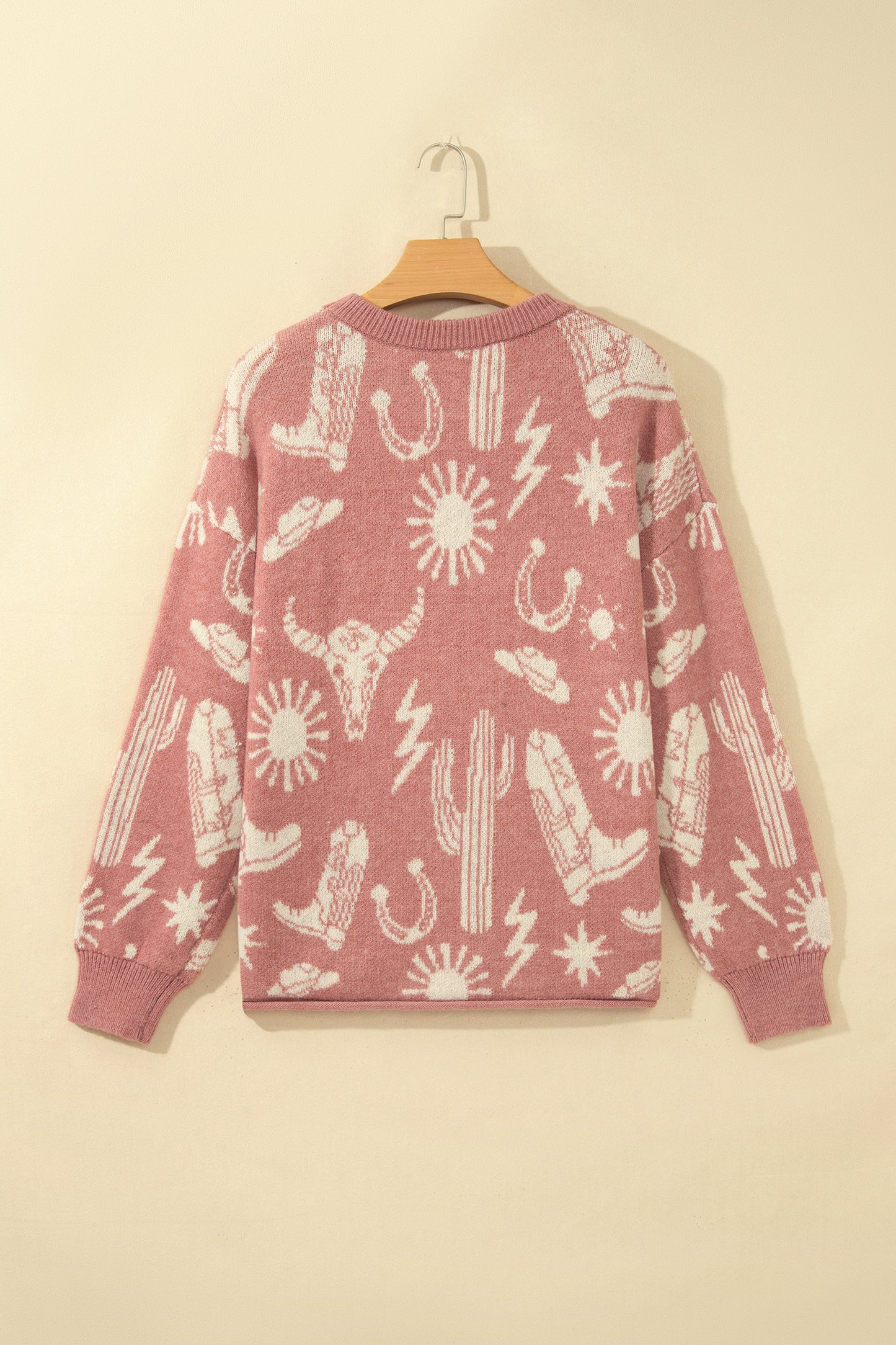 Peach Blossom Western Print Drop Shoulder Round Neck Long Sleeve Sweater