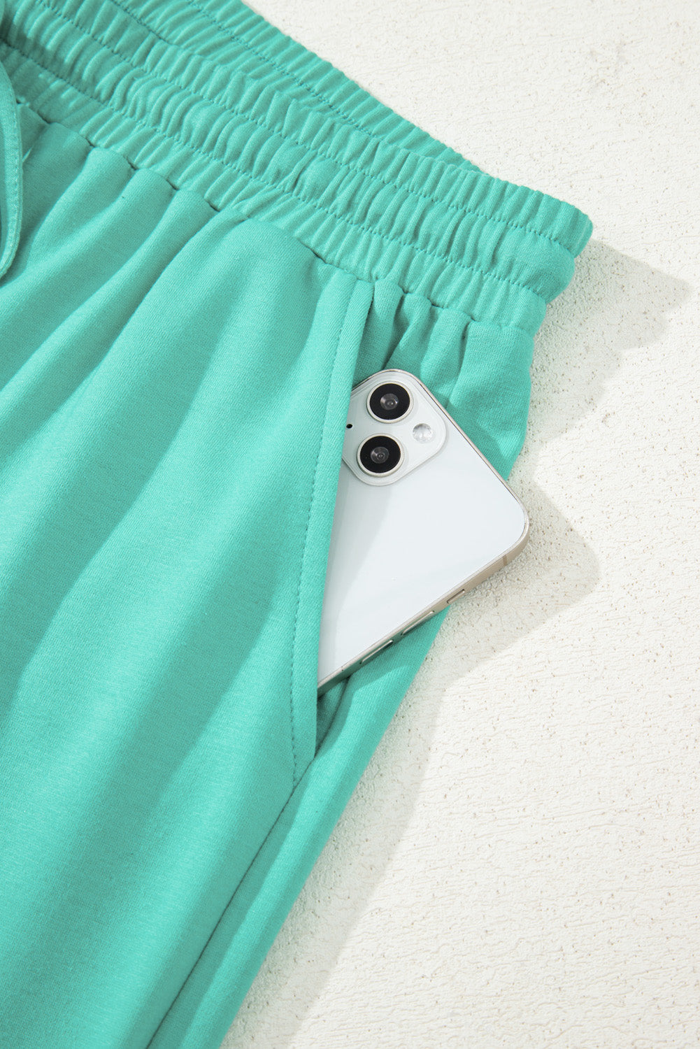 Sea Green Drop Shoulder V Neck Pullover Top and Drawstring Short Plus Size Set