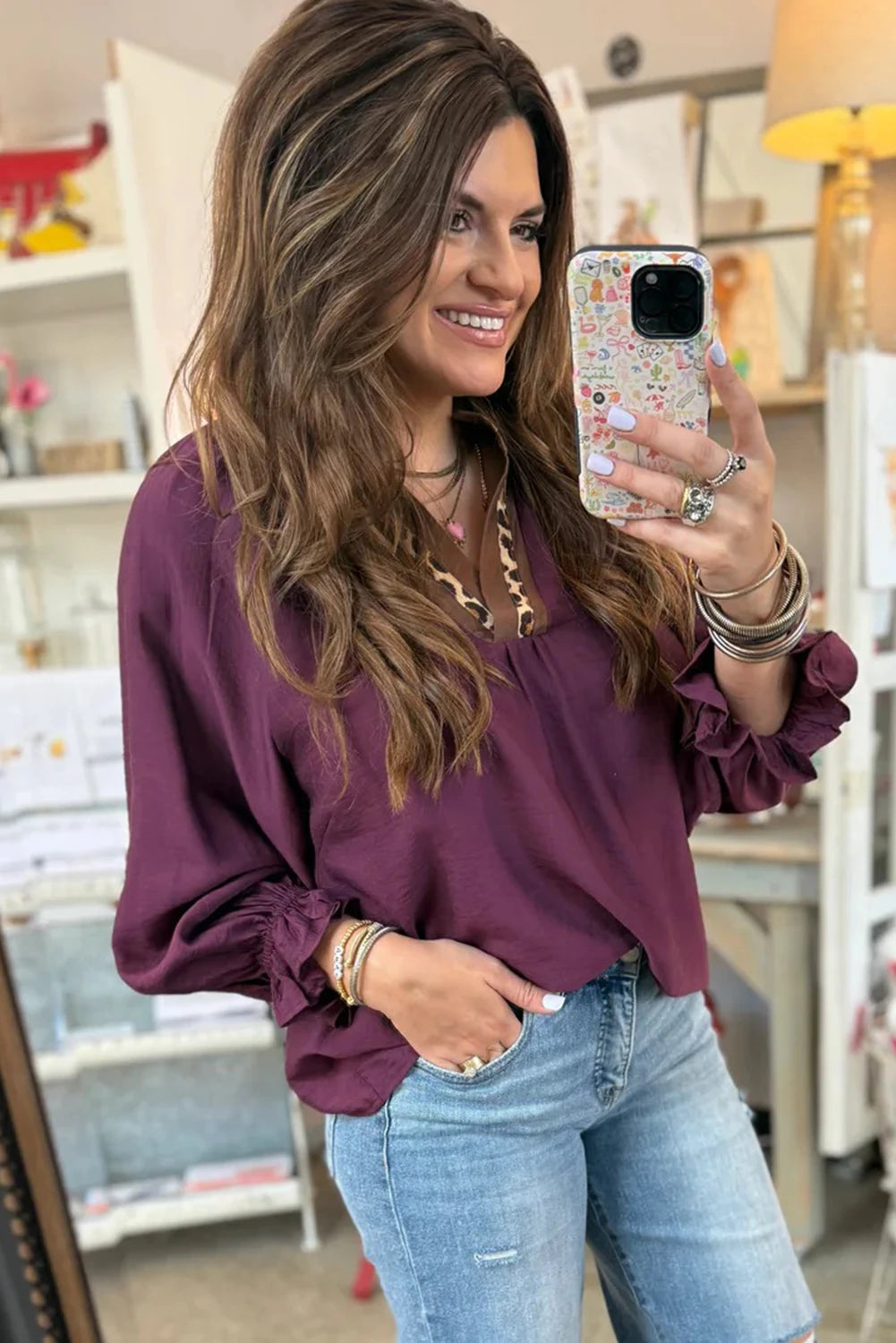 Violet Leopard Trim V Neck Flounced Bracelet Sleeve Blouse