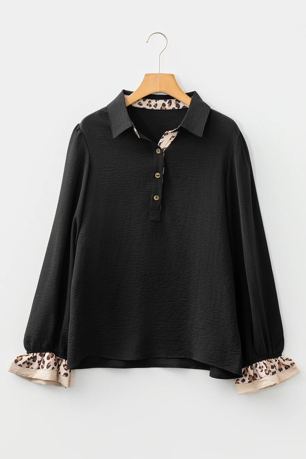 Black Contrast Leopard Print Patchwork Polo Collar Buttons Front Ruffled Long Sleeve Blouse