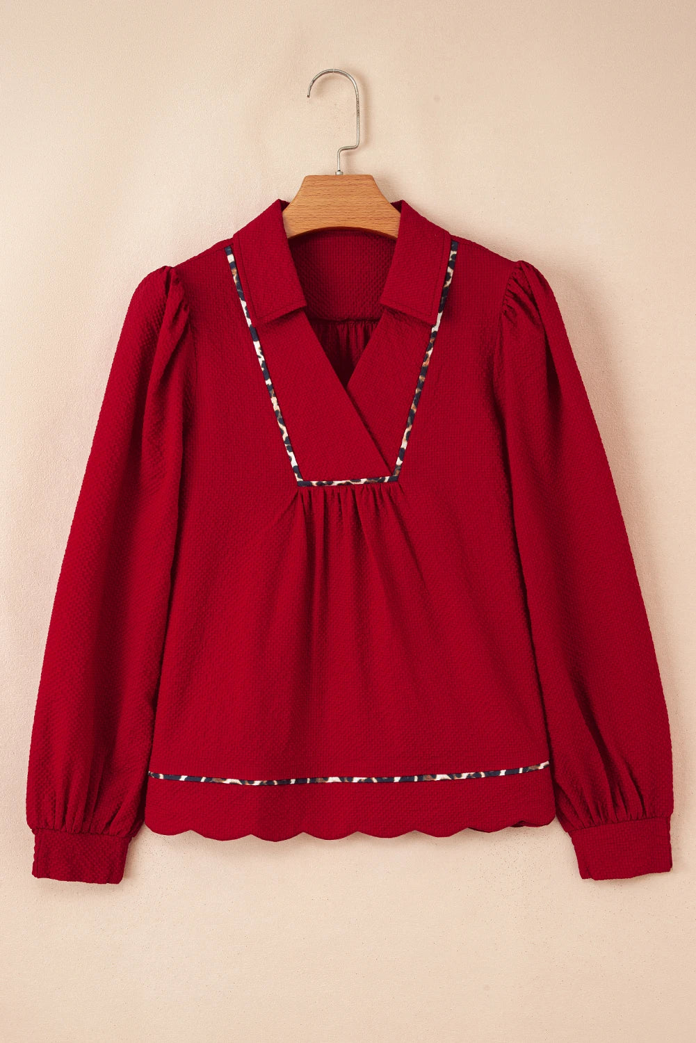 Fiery Red Collar V Neck Leopard Contrasted Trim Textured Blouse