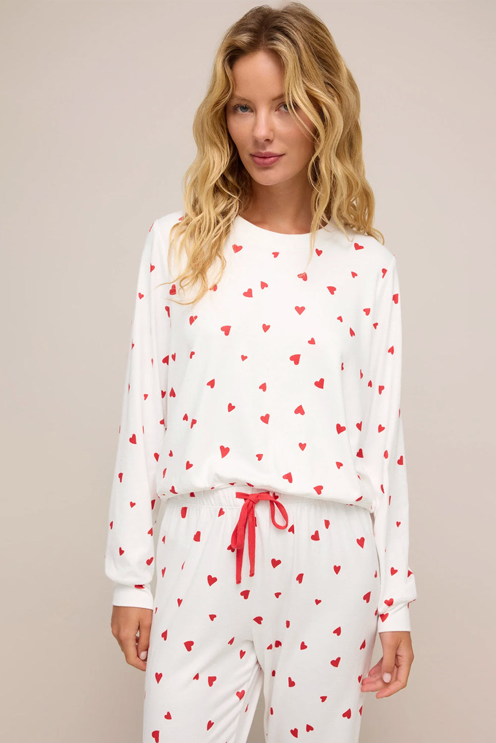 Fiery Red Tiny Hearts Printed Long Sleeve Top Drawstring Lounge Pant Set