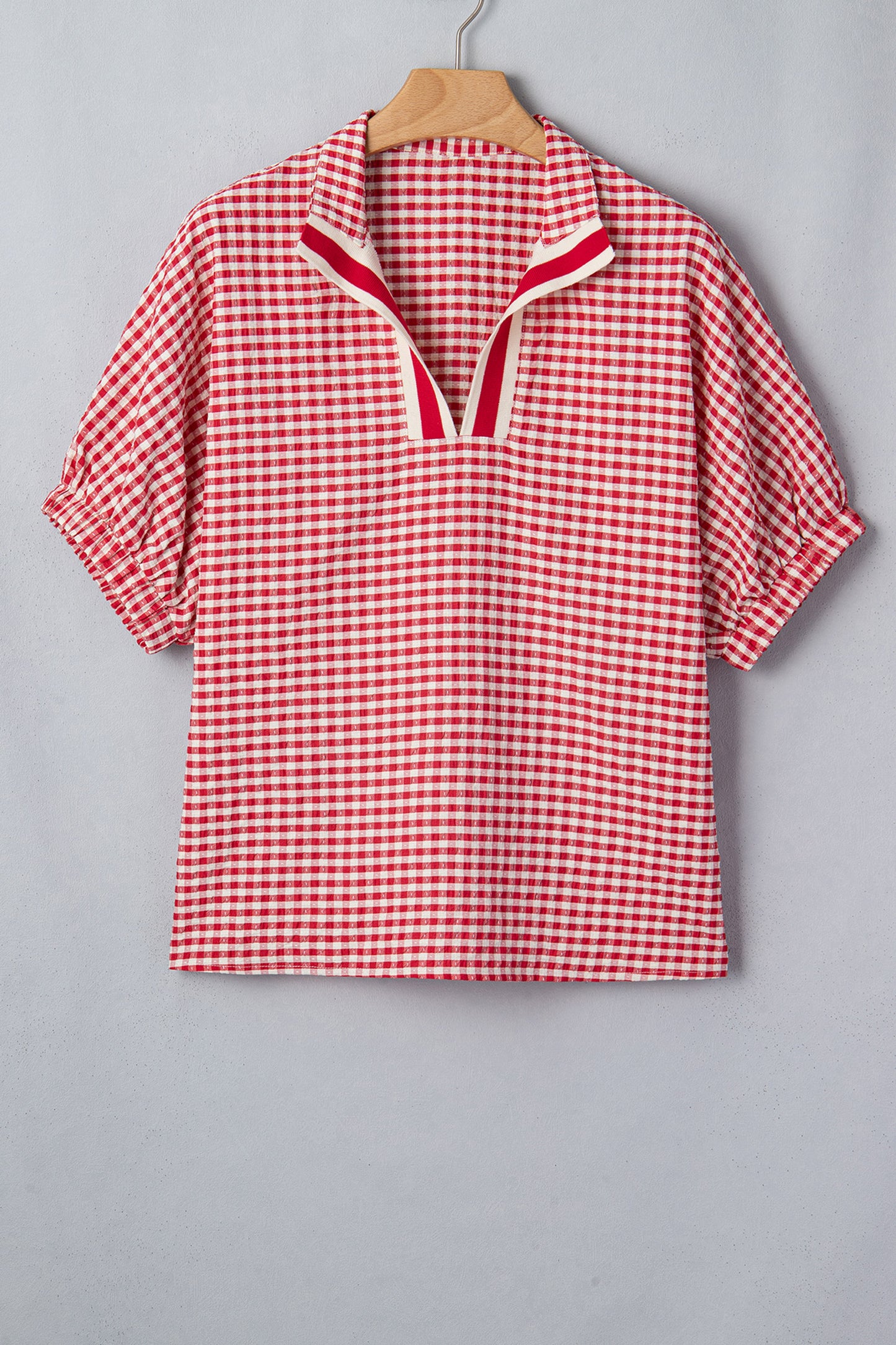 Plaid Polyester Blouse Casual Shift Short Sleeve