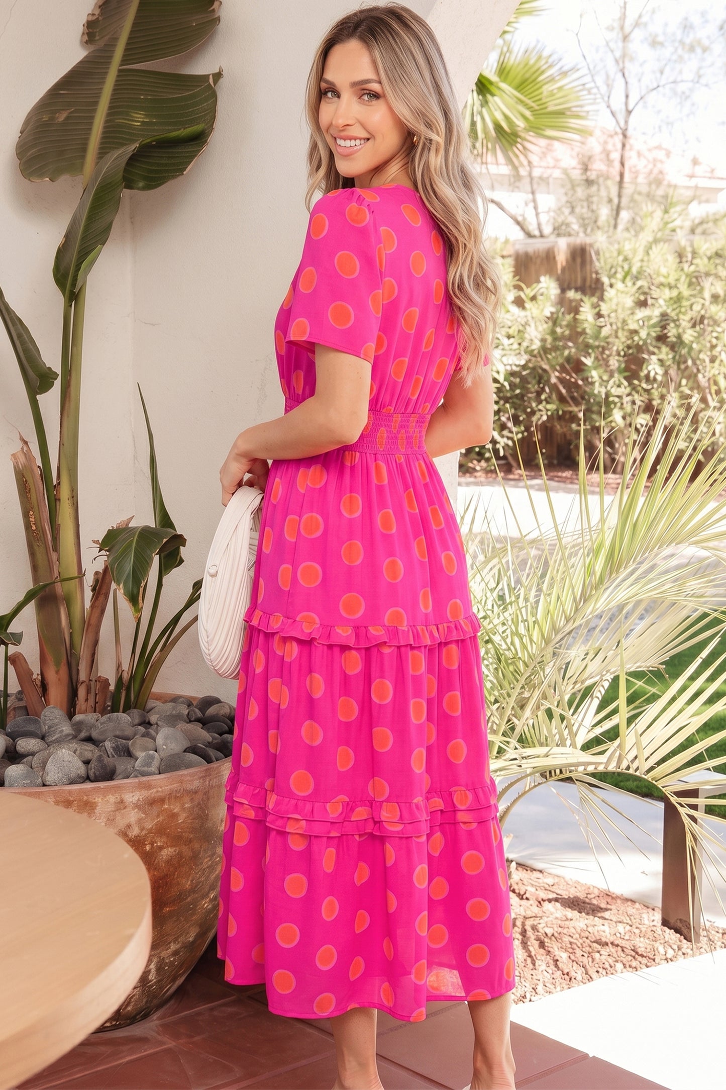 Polka Dot Midi Dress V Neck Smocked Summer Dress