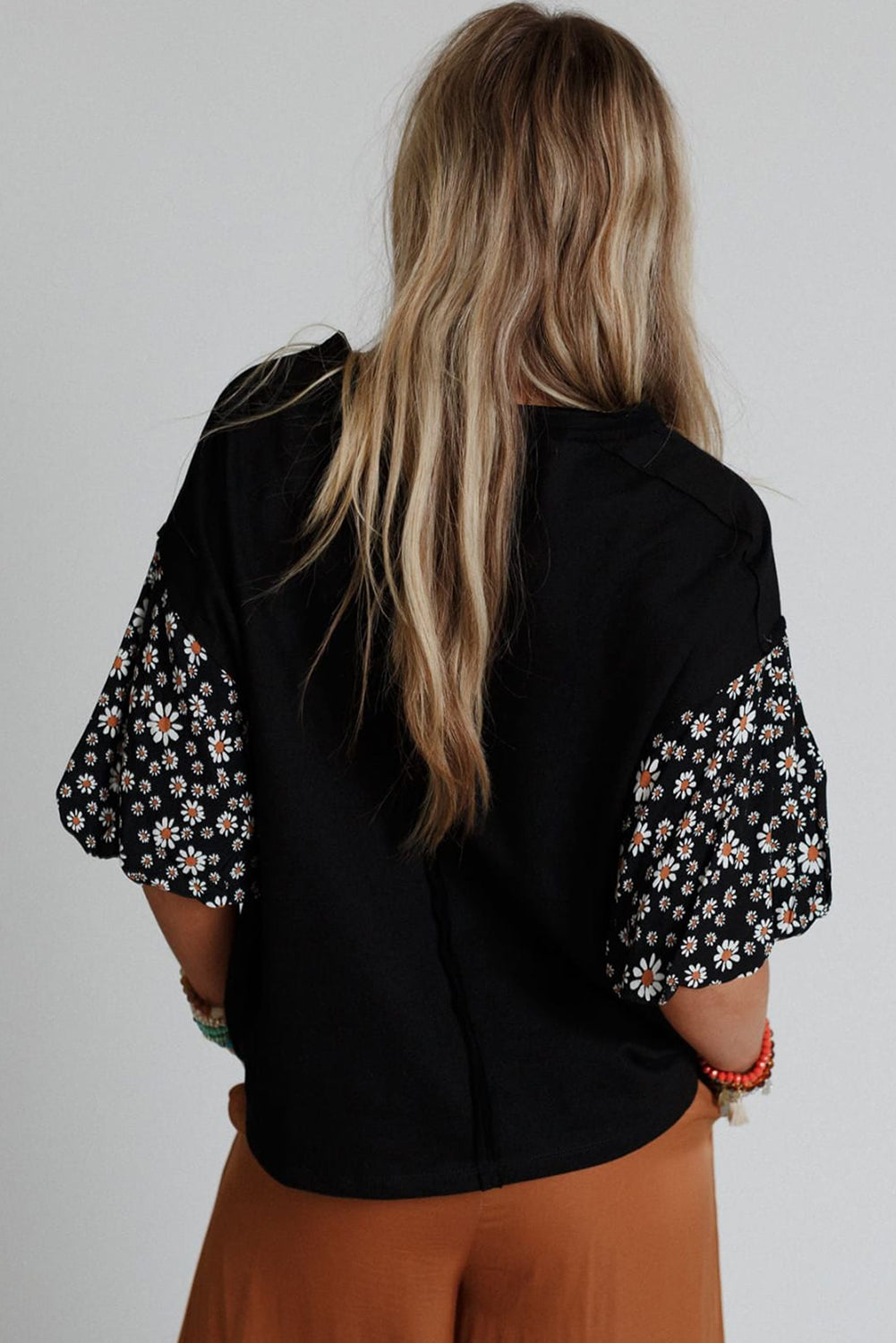 White Contrast Floral Puff Sleeve Oversized Top