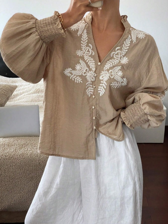 Floral Blend Blouse Boho Embroidered Puff Sleeve