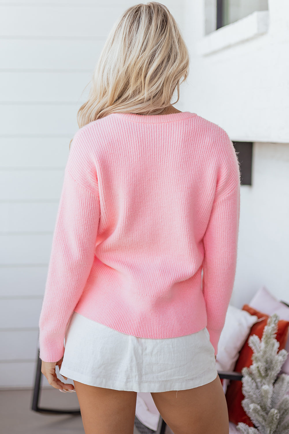 Pink Merry Candy Cane Puffy Knit Crew Neck Sweater