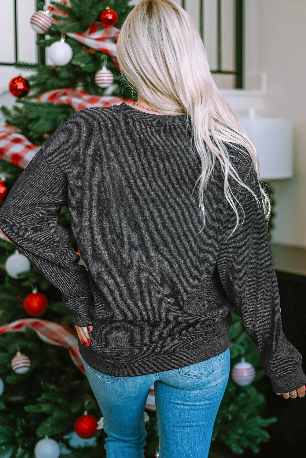 Black Sequined Christmas Graphic Corded Sweatshirt