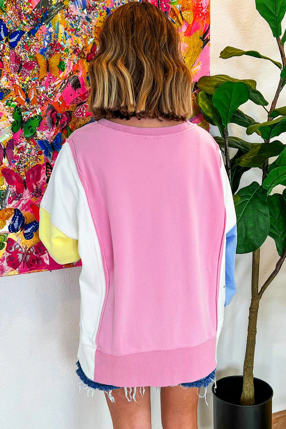 Bonbon Color Block Patchwork Sequin Baseball Patched Sweatshirt