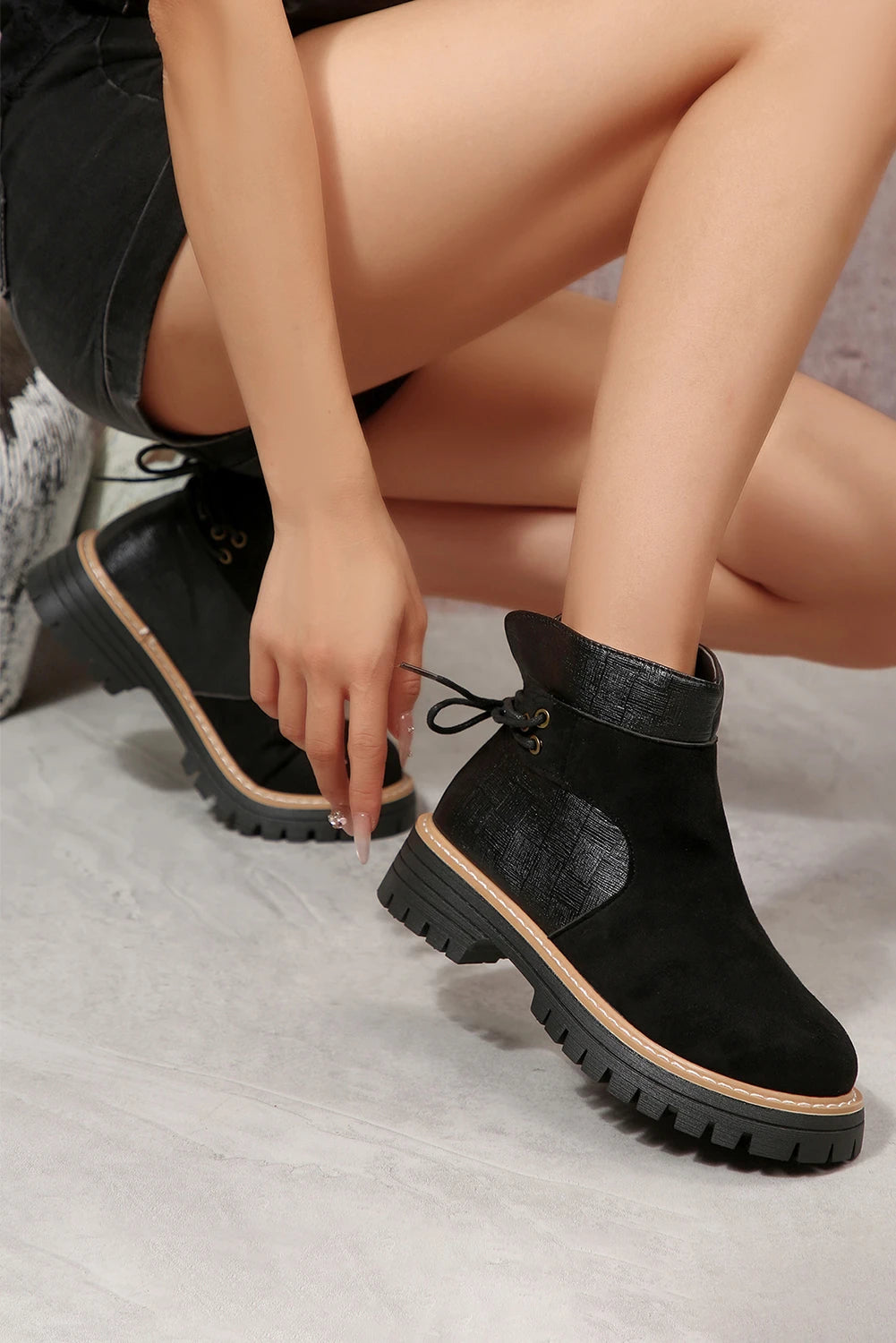 Black Texture PU Leather Faux Suede Patchwork Lace-up Detail Boots