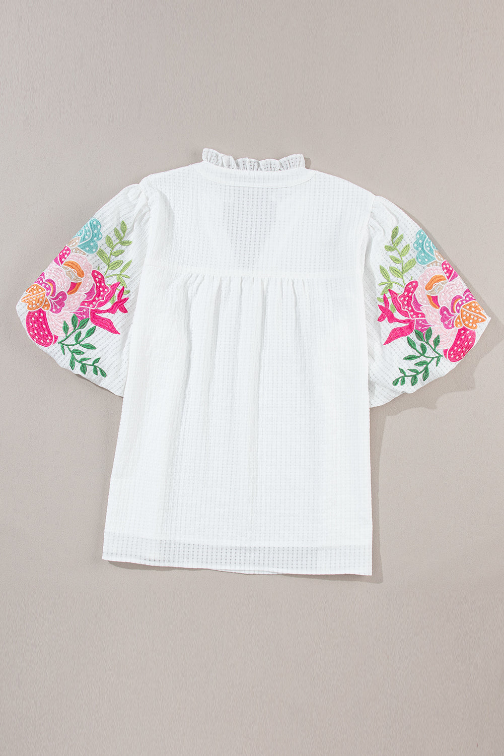 Solid Color Floral Embroidered Puff Sleeve Notched Neck Blouse