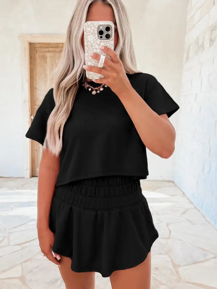 Blossom 2pcs Cropped Tee and Ruffle High Waist Skort Set