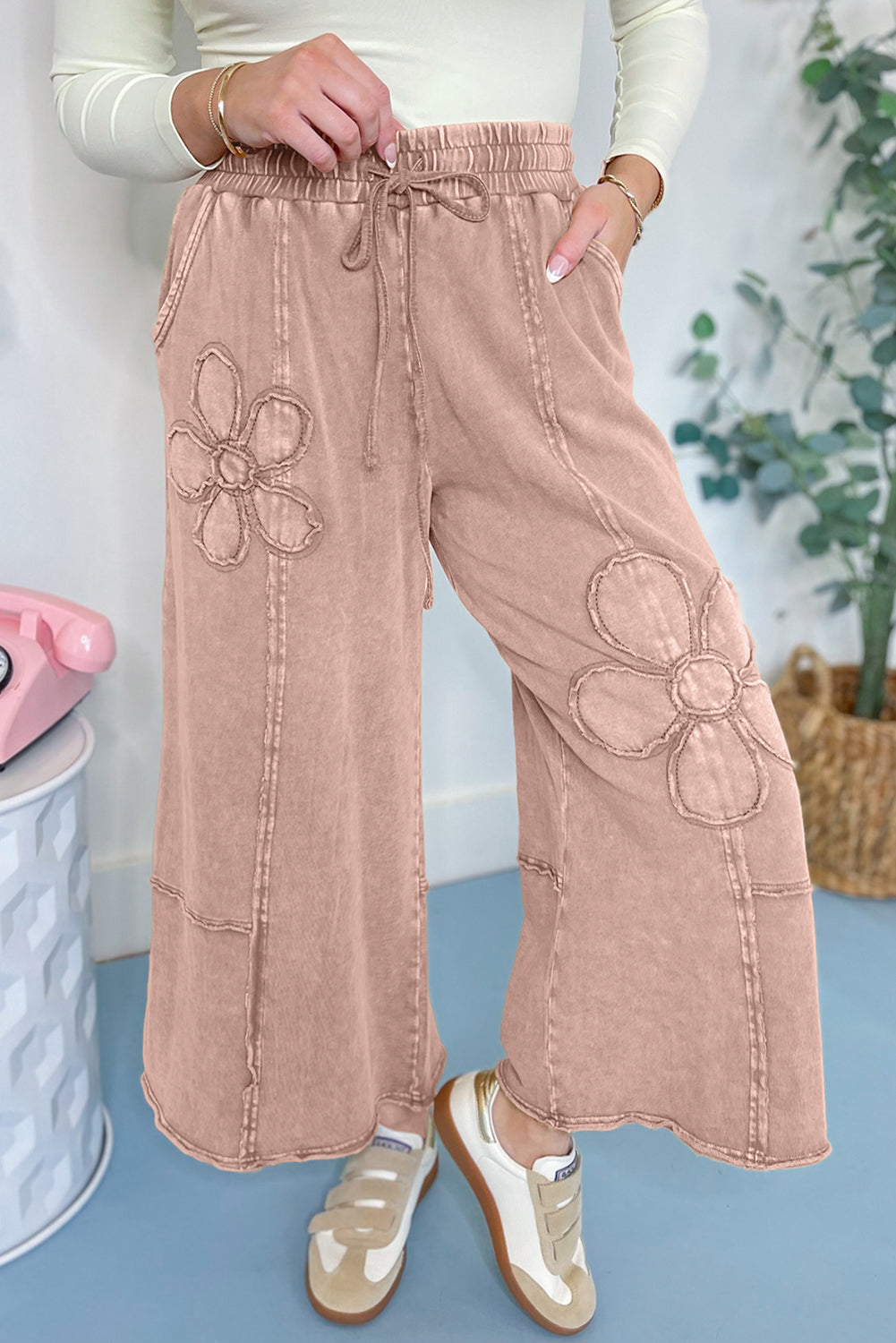 Pink Flower Patch Mineral Washed Terry Knit Cropped Wide Leg Pants