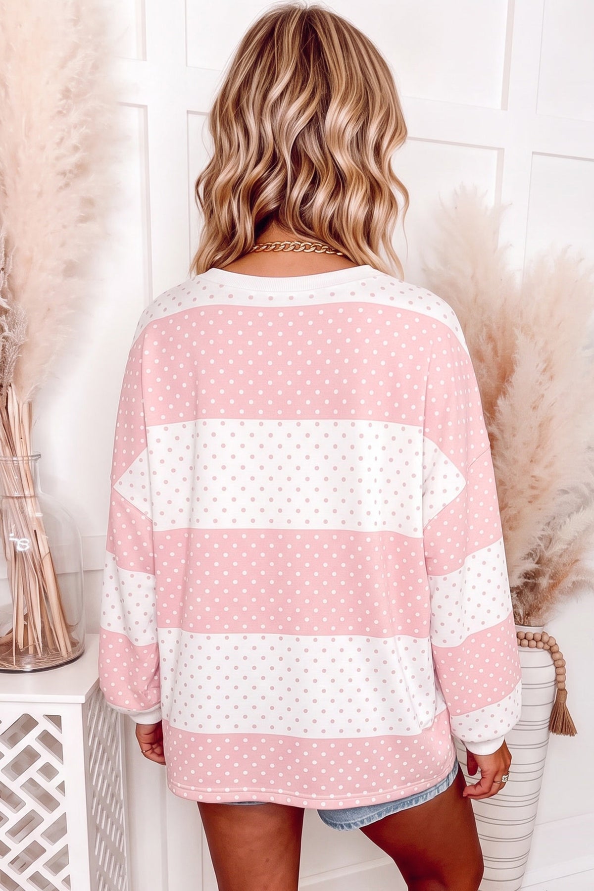 Blue Polka Dot Patchwork Colorblock Long Sleeve Top