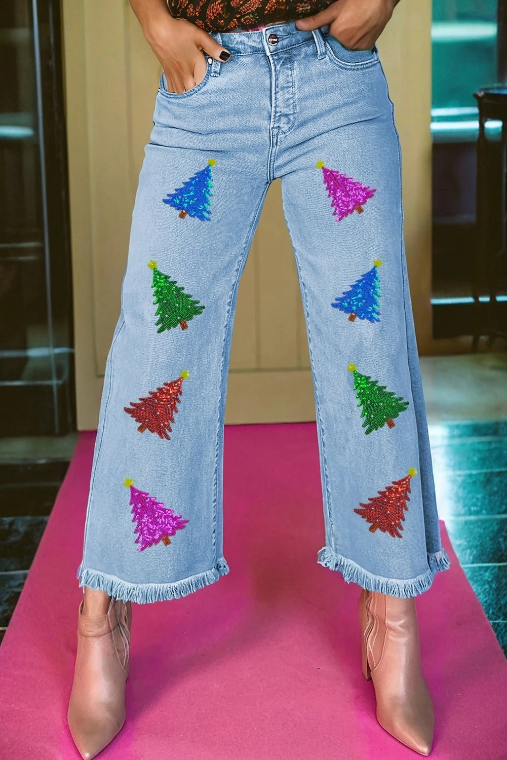 Myosotis Colorful Sequin Christmas Tree Patched Raw Hem Cropped Wide Leg Jeans