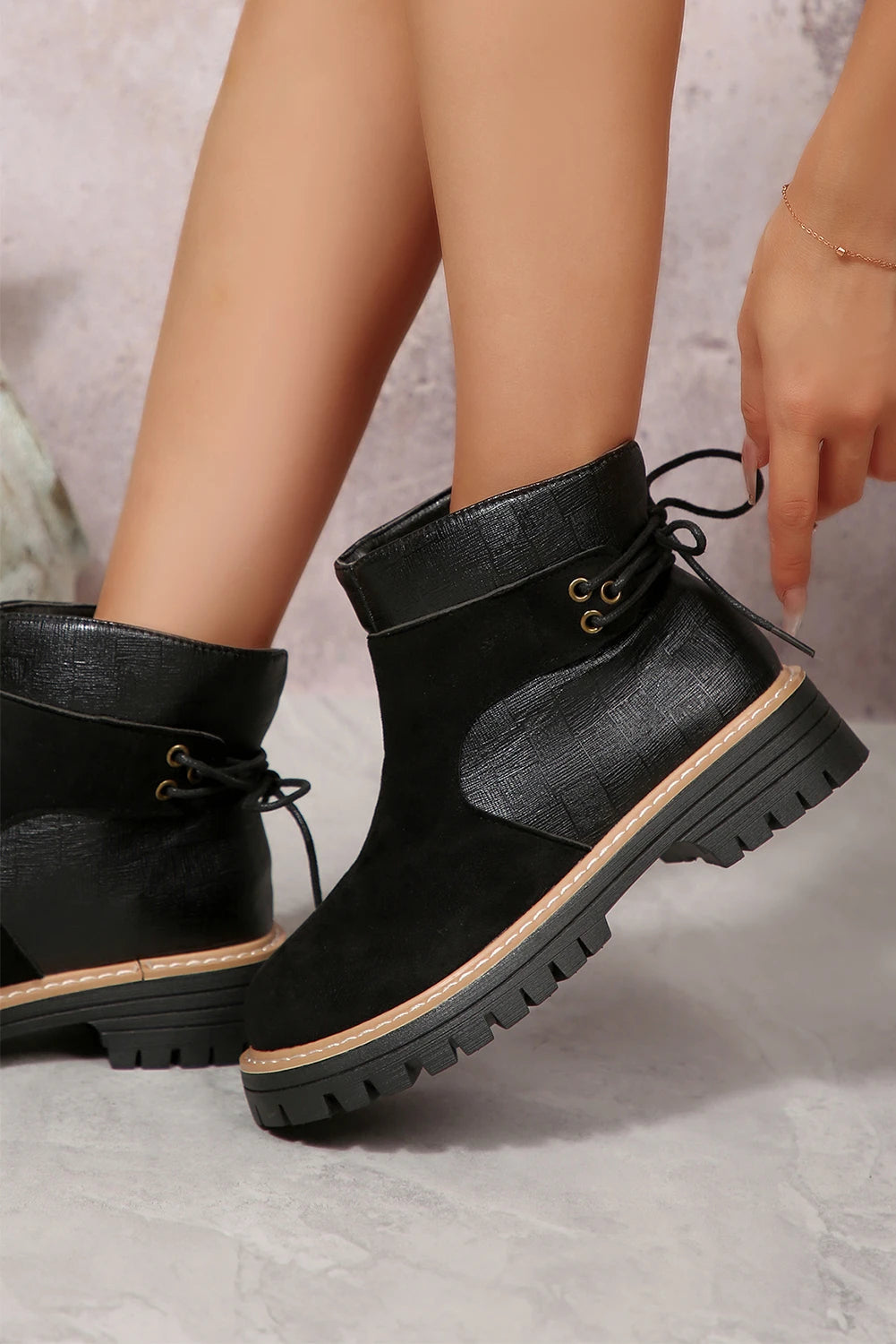 Black Texture PU Leather Faux Suede Patchwork Lace-up Detail Boots
