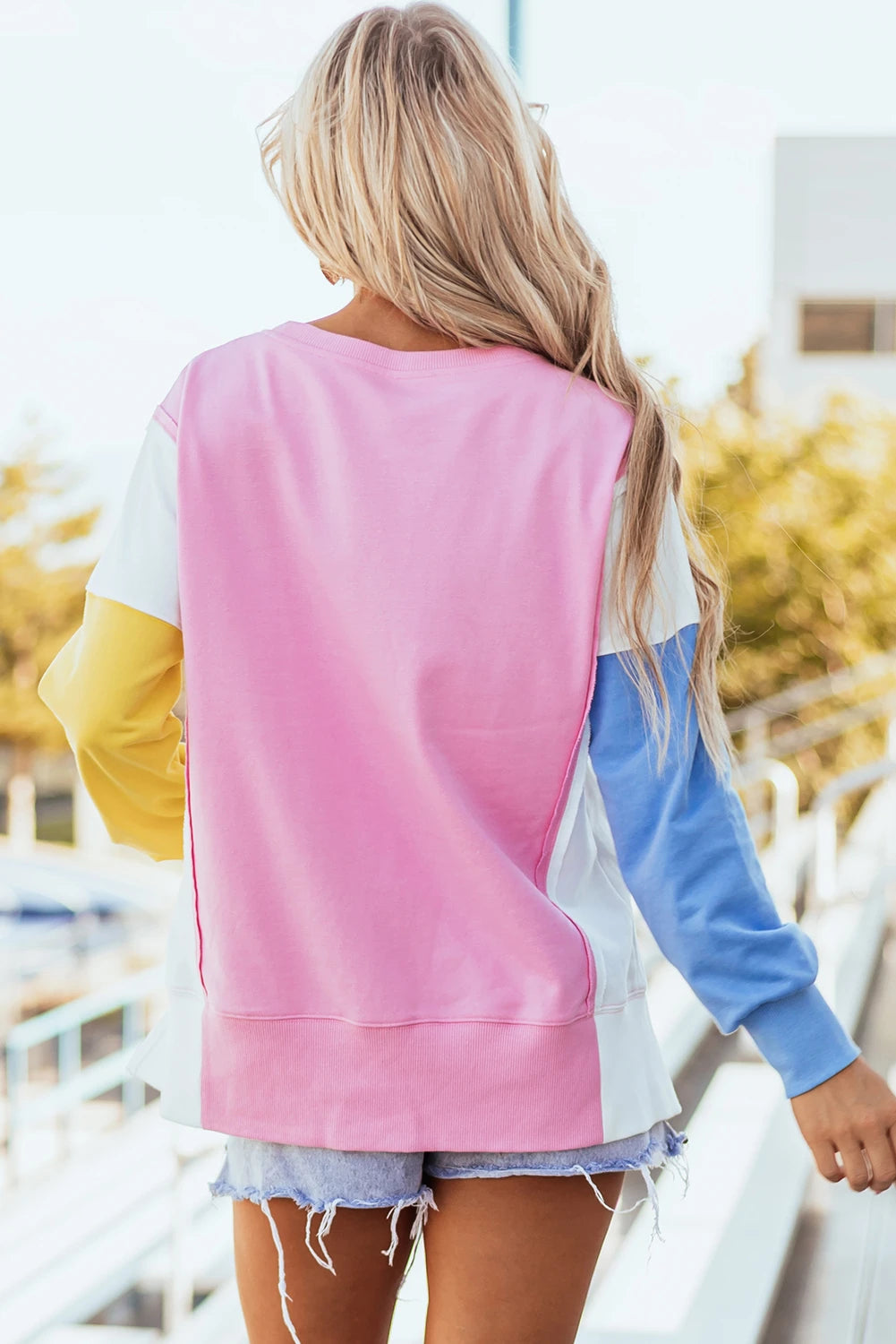 Bonbon Color Block Patchwork Sequin Baseball Patched Sweatshirt