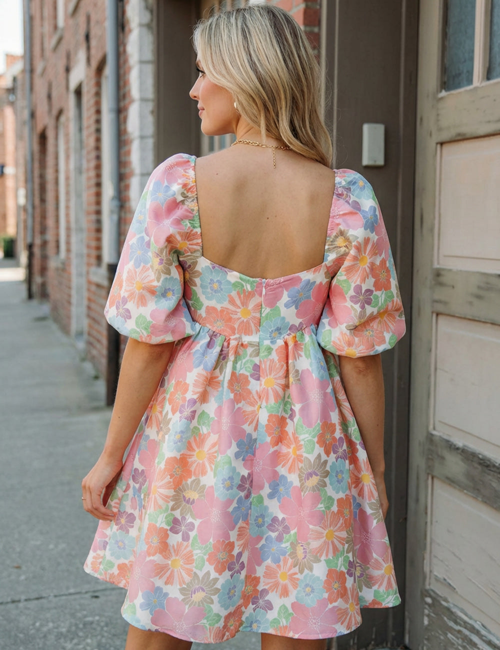 Women's Summer Floral Square Neck Puff Sleeve Babydoll Dress