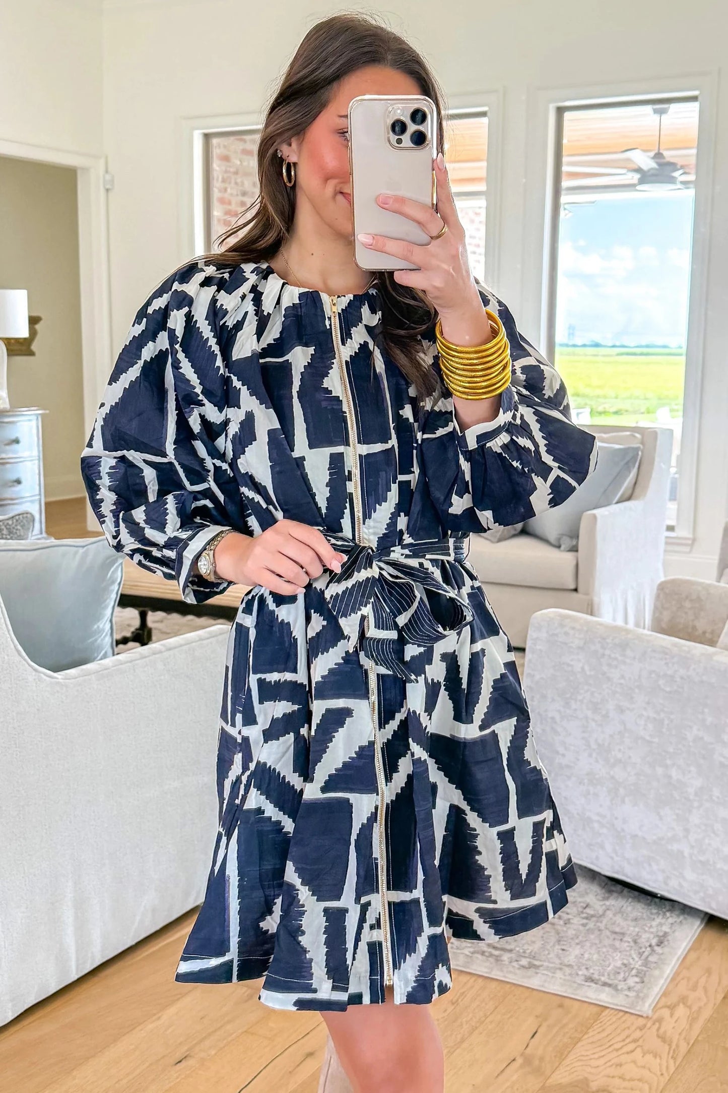 Abstract Geometric Print Zip Front Tie Waist Shift Dress