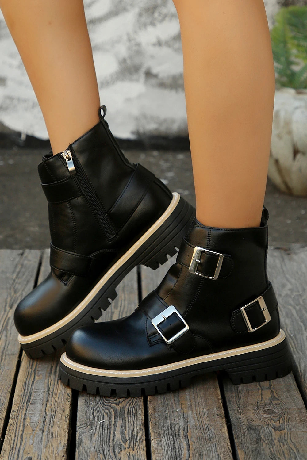 Color black PU Leather Triple Buckle Strap Detail Preppy Combat Boots