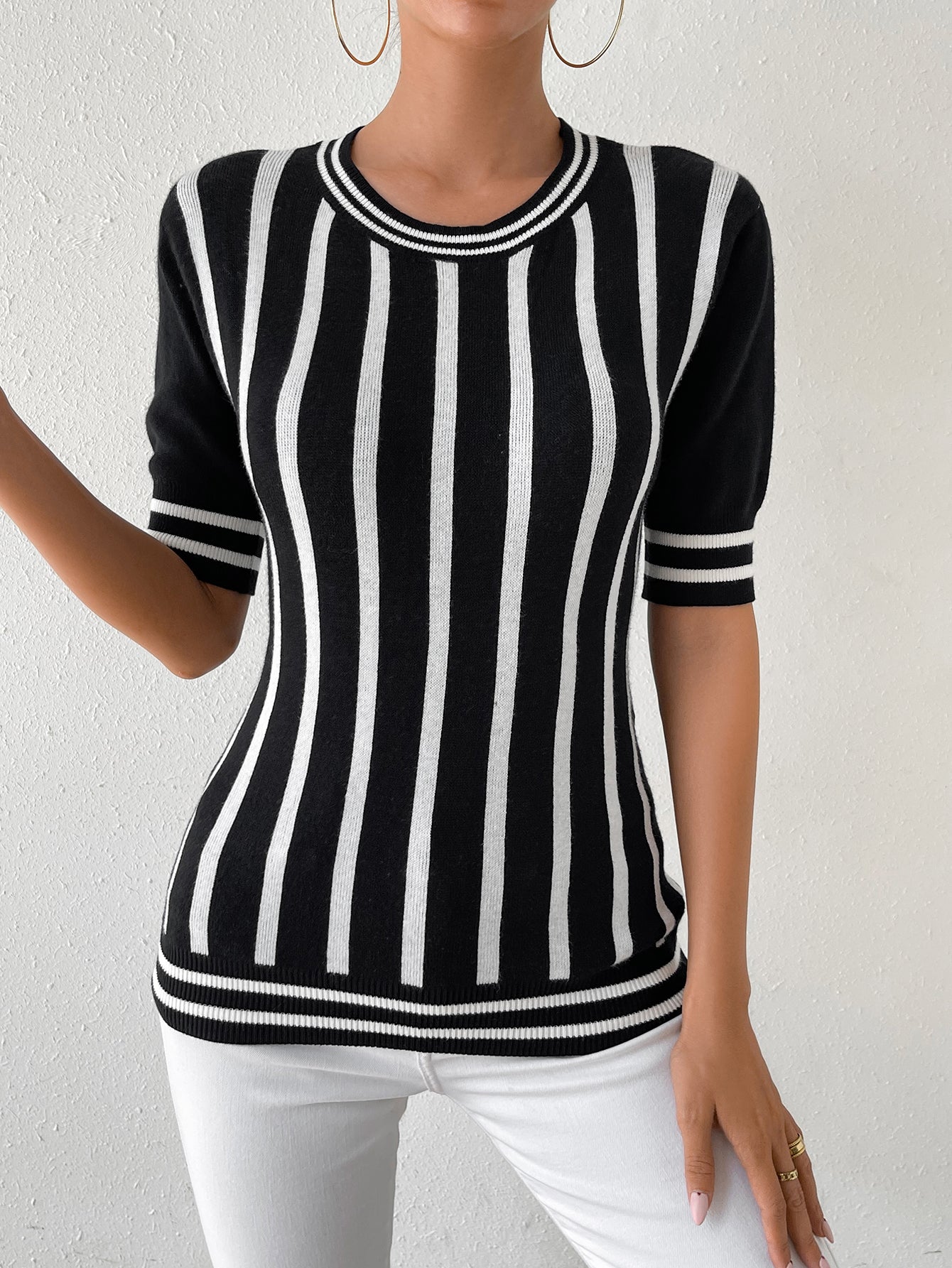 Striped Short Sleeve Top Casual Pullover Knit Sweater