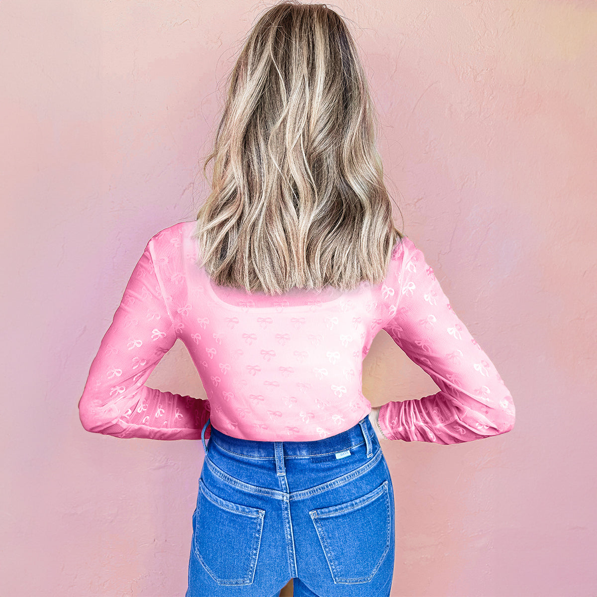 Black Mesh Bow Pattern Long Sleeve Top
