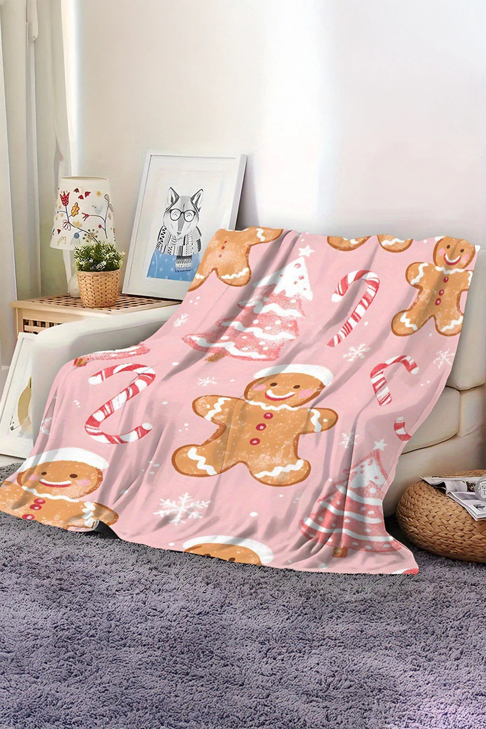 Pink Gingerbread Man Candy Cane Christmas Tree Print Plush Blanket