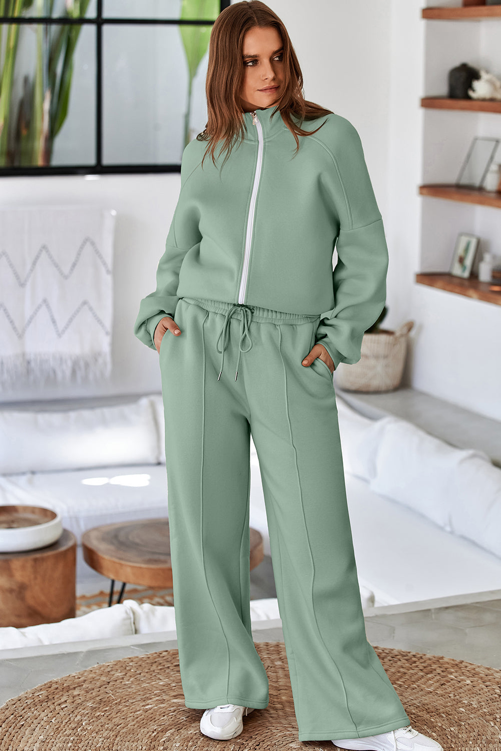 Black Drop Shoulder Zip Up Jacket Drawstring Pants Active 2pcs Set