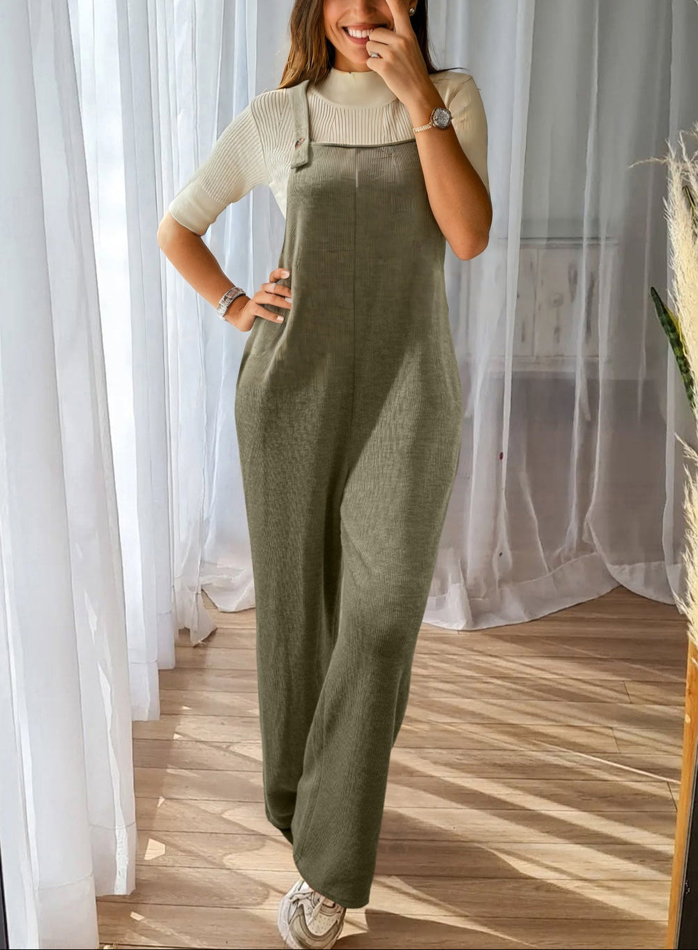 Laurel Green Solid Color Knit Loose Straight Leg Casual Overall Jumpsuit