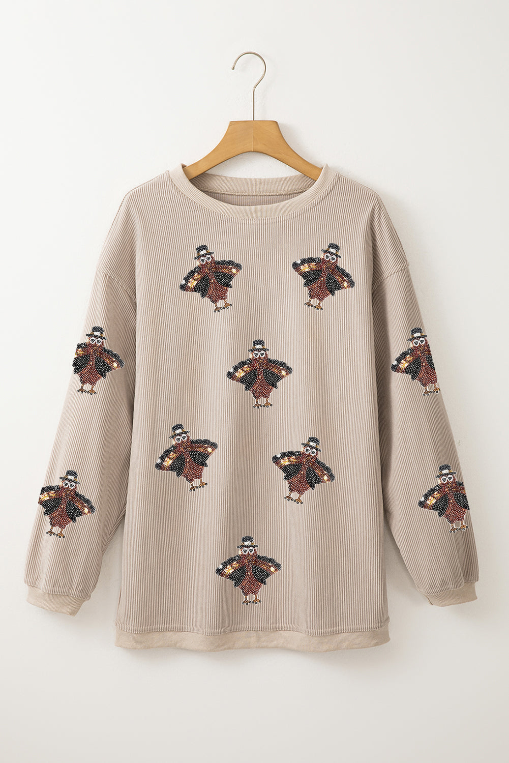Smoke Gray Twisted Ribbed Sequined Thanksgiving Turkey Graphic Baggy Sweatshirt