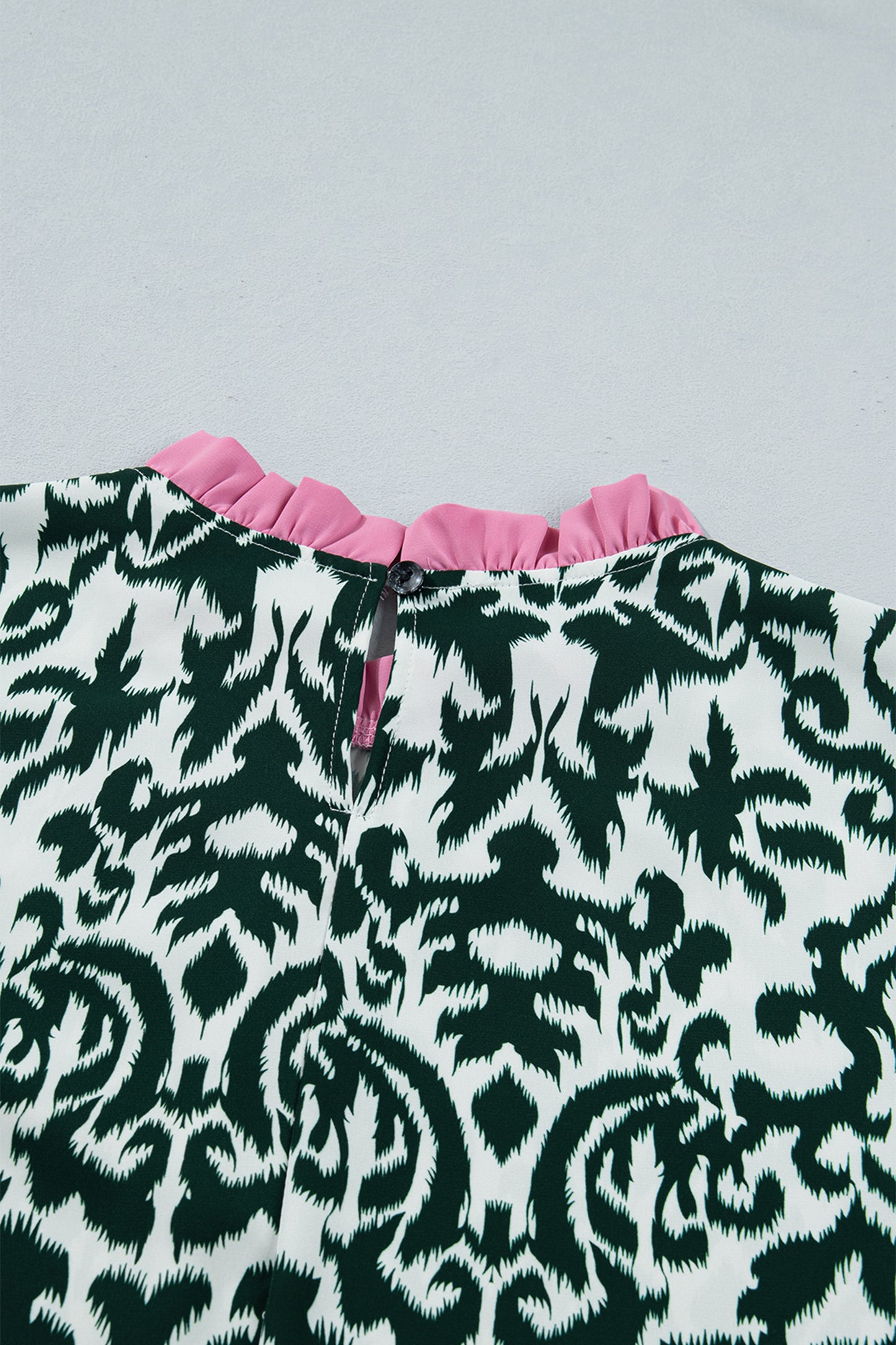 Black Damask Print Ruffled Color Block Detail Half Sleeve Blouse