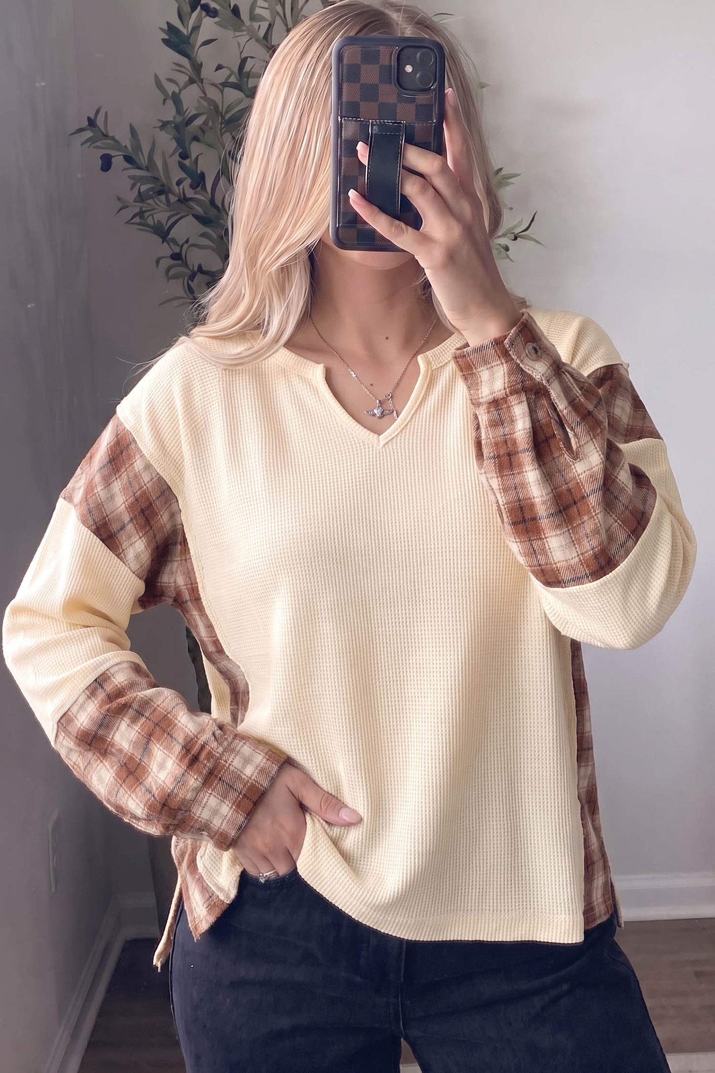 Beige Waffle Textured V Neck Plaid Colorblock Drop Shoulder Long Sleeve Top