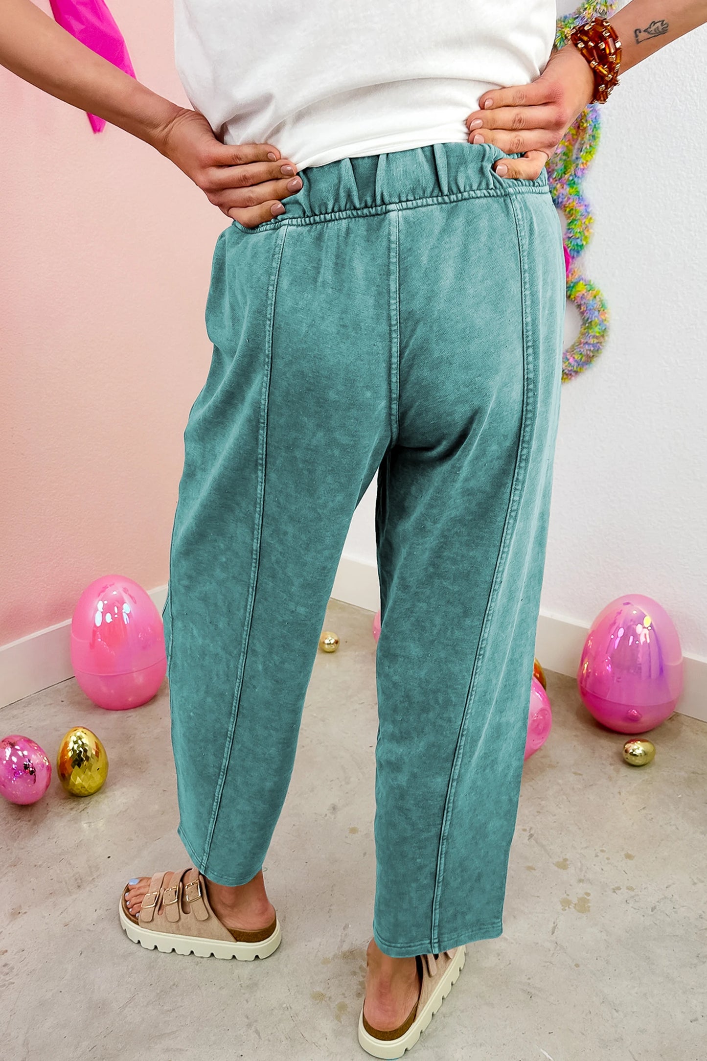 Coffee Mineral Wash Seam Detail Elastic Waist Barrel Pants