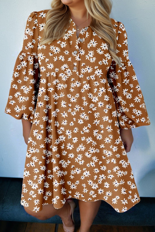 Khaki Plus Size Daisy Floral Print Button Split Neck Puff Sleeve Dress