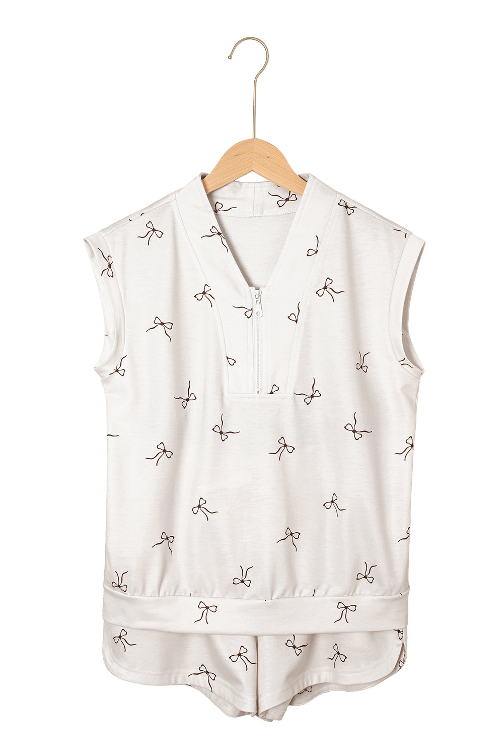 Beige Bow Print Half Zip Tank and Shorts 2pcs Set
