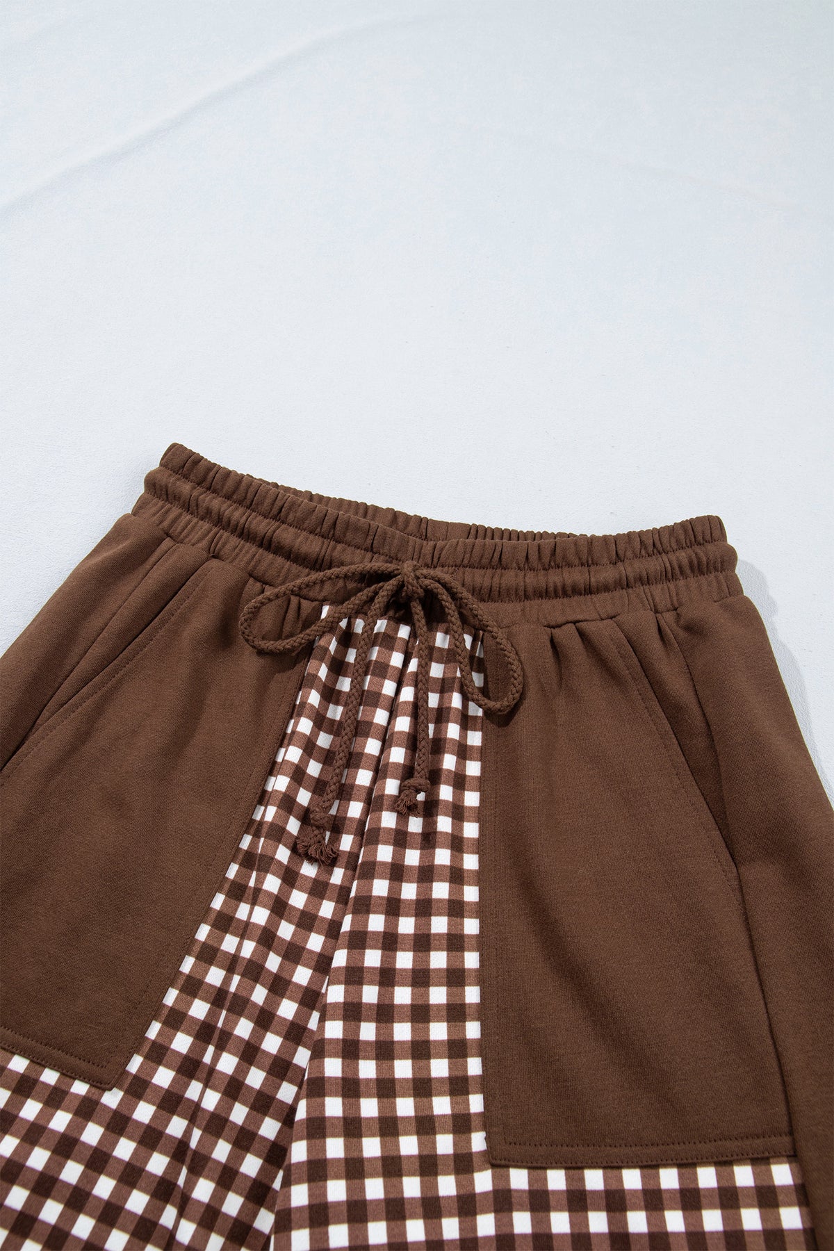Khaki Color Block Plaid Patchwork Long Sleeve Pullover Wide Leg Pant Set