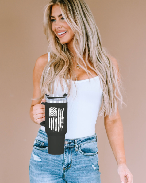 Black American Flag Print Stainless Steel Portable Cup with Handle 40oz