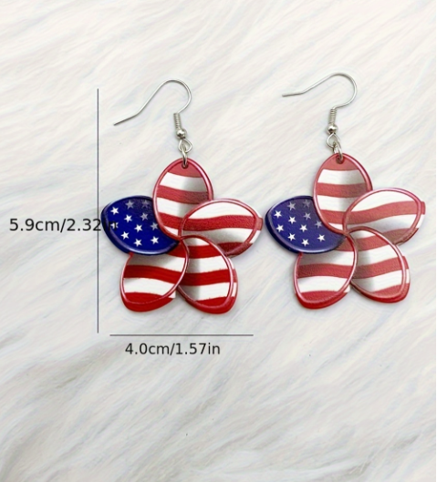 Fiery Red American Flag Printed Flower Shape Hook Earrings