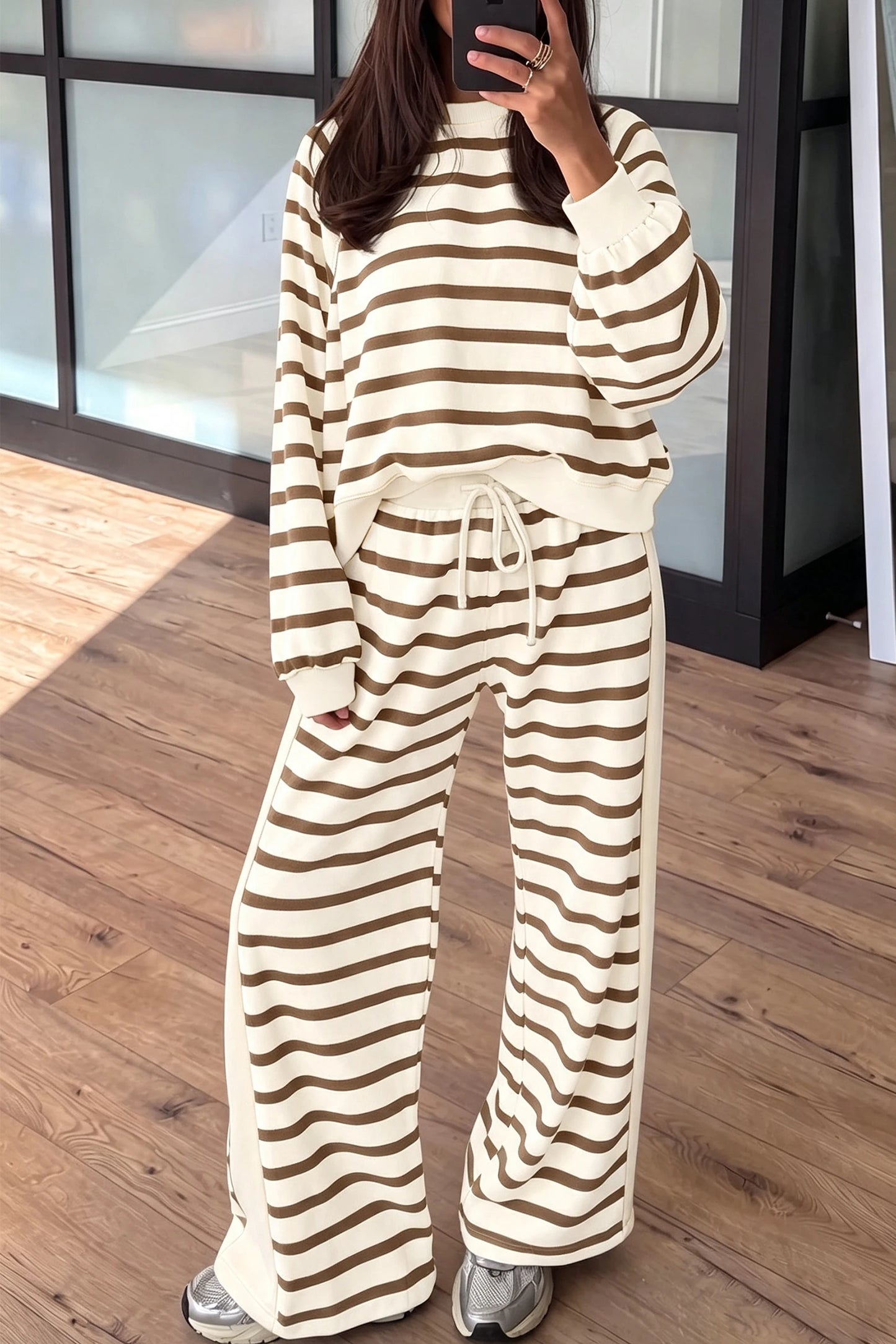 Beige Stripe Relaxed Long Sleeve Top Color Block Detail Drawstring Pant Set