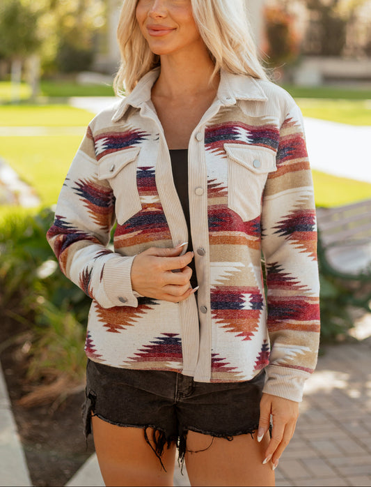 Multicolour Western Aztec Ribbed Patchwork Double Flap Pocket Raw Hem Shacket