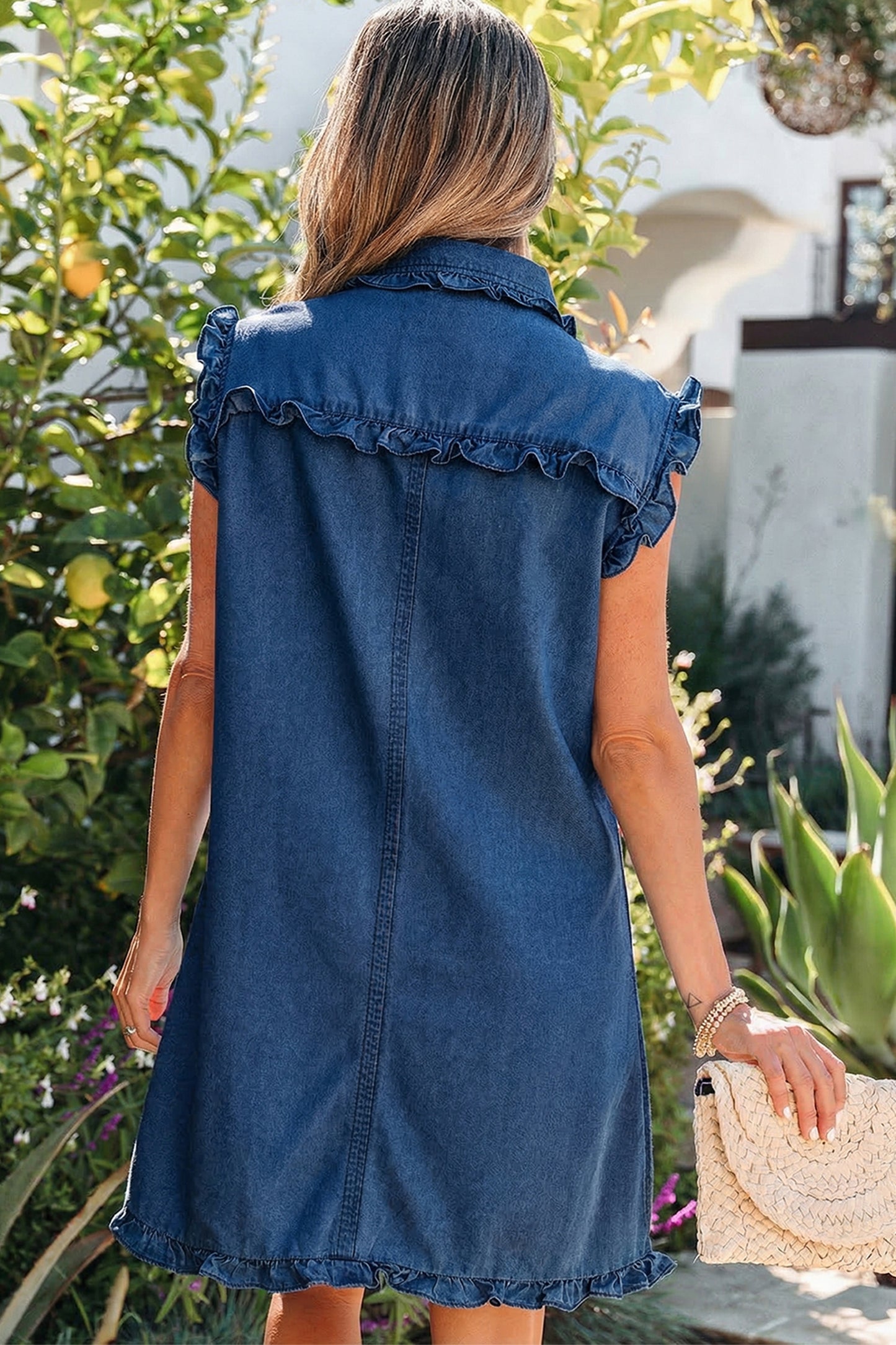 Patchwork Cotton Mini Dress Ruffle Shift High Waist