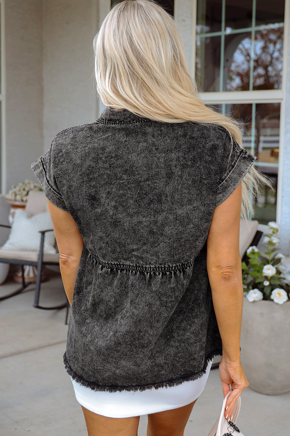 Short Sleeve Button Up Denim Shirt with Flap Pockets and Raw Hem